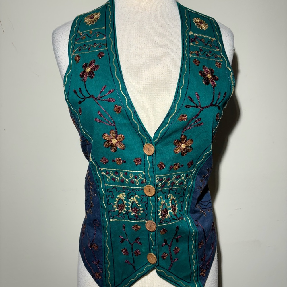 Embroidered Teal & Navy Vest with Wooden Buttons